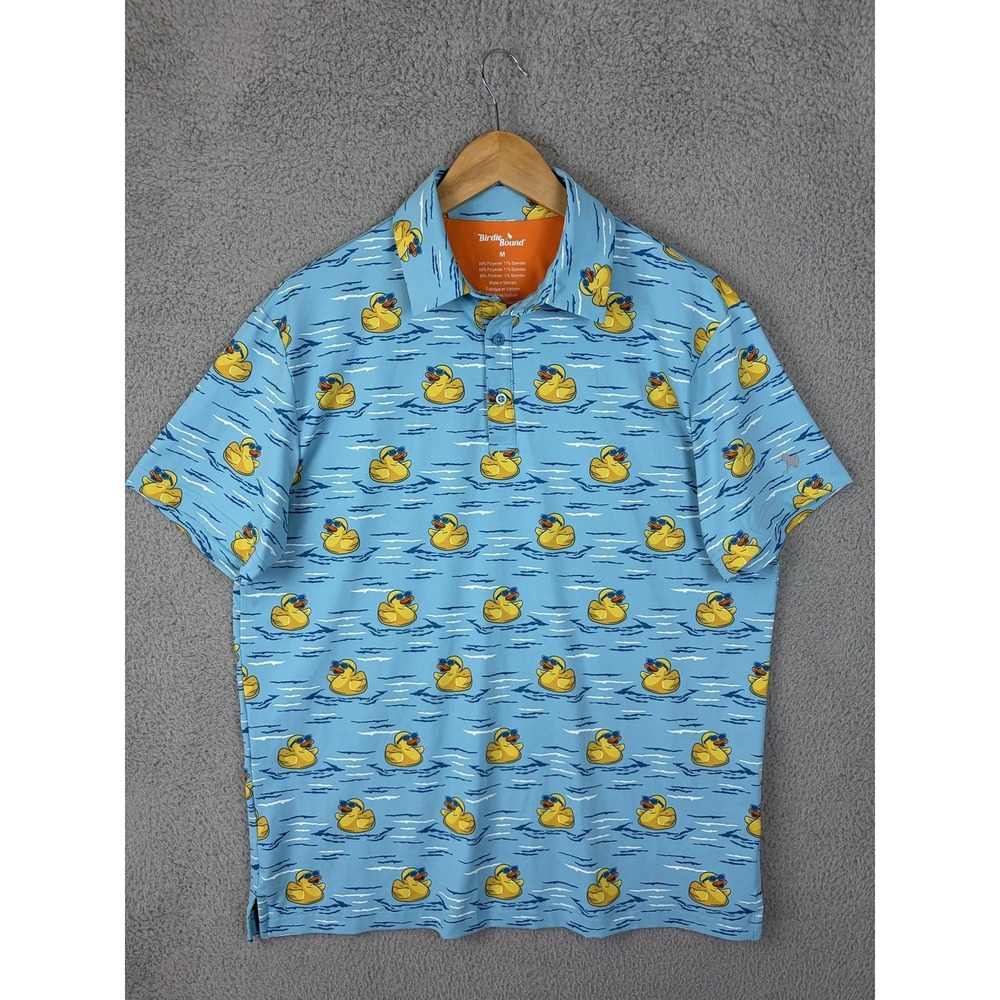 Birdie Bound Polo Shirt Mens Medium Blue Rubber Duck Golf Novelty Stretch Jersey